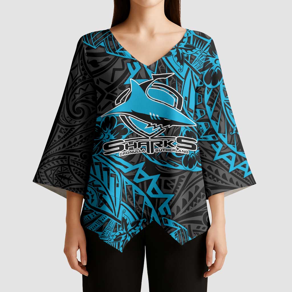 Personalised Cronulla-Sutherland Sharks Kimono Sleeve Blouse Polynesian Tribal Pattern With Rugby Shark Mascot Art