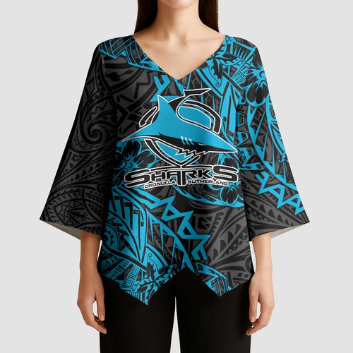 Personalised Cronulla-Sutherland Sharks Kimono Sleeve Blouse Polynesian Tribal Pattern With Rugby Shark Mascot Art