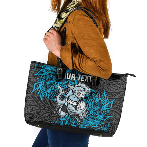 Personalised Cronulla-Sutherland Sharks Leather Tote Bag Polynesian Tribal Pattern With Rugby Shark Mascot Art