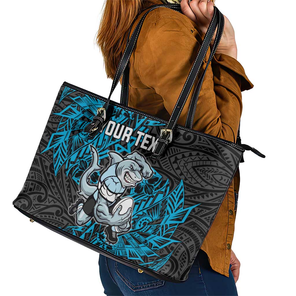 Personalised Cronulla-Sutherland Sharks Leather Tote Bag Polynesian Tribal Pattern With Rugby Shark Mascot Art