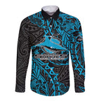 Personalised Cronulla-Sutherland Sharks Long Sleeve Button Shirt Polynesian Tribal Pattern With Rugby Shark Mascot Art