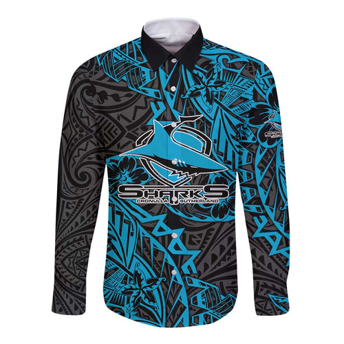 Personalised Cronulla-Sutherland Sharks Long Sleeve Button Shirt Polynesian Tribal Pattern With Rugby Shark Mascot Art