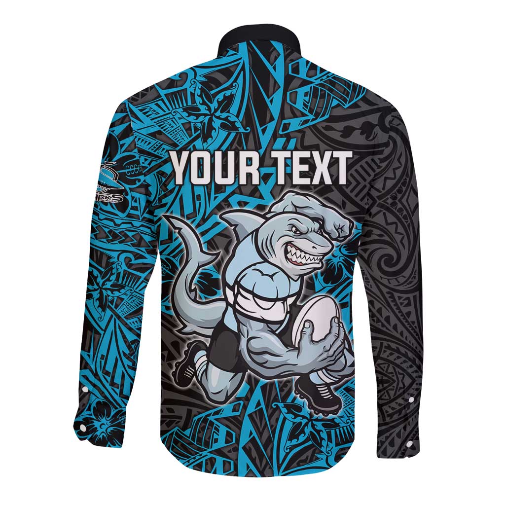 Personalised Cronulla-Sutherland Sharks Long Sleeve Button Shirt Polynesian Tribal Pattern With Rugby Shark Mascot Art