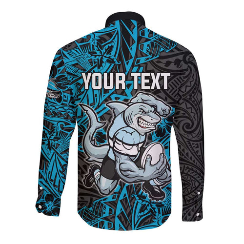Personalised Cronulla-Sutherland Sharks Long Sleeve Button Shirt Polynesian Tribal Pattern With Rugby Shark Mascot Art