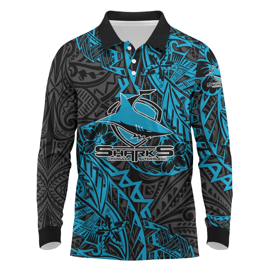Personalised Cronulla-Sutherland Sharks Long Sleeve Polo Shirt Polynesian Tribal Pattern With Rugby Shark Mascot Art