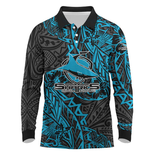 Personalised Cronulla-Sutherland Sharks Long Sleeve Polo Shirt Polynesian Tribal Pattern With Rugby Shark Mascot Art