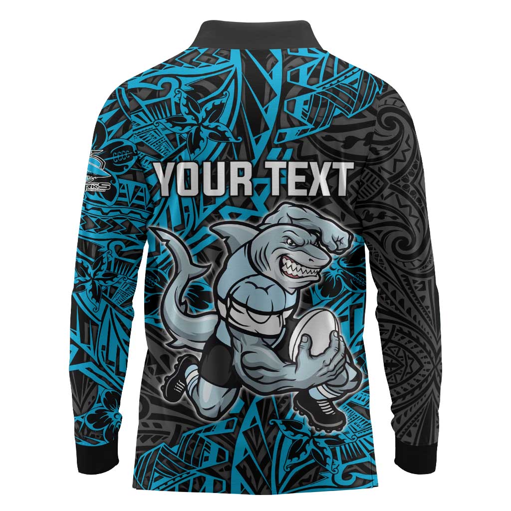 Personalised Cronulla-Sutherland Sharks Long Sleeve Polo Shirt Polynesian Tribal Pattern With Rugby Shark Mascot Art