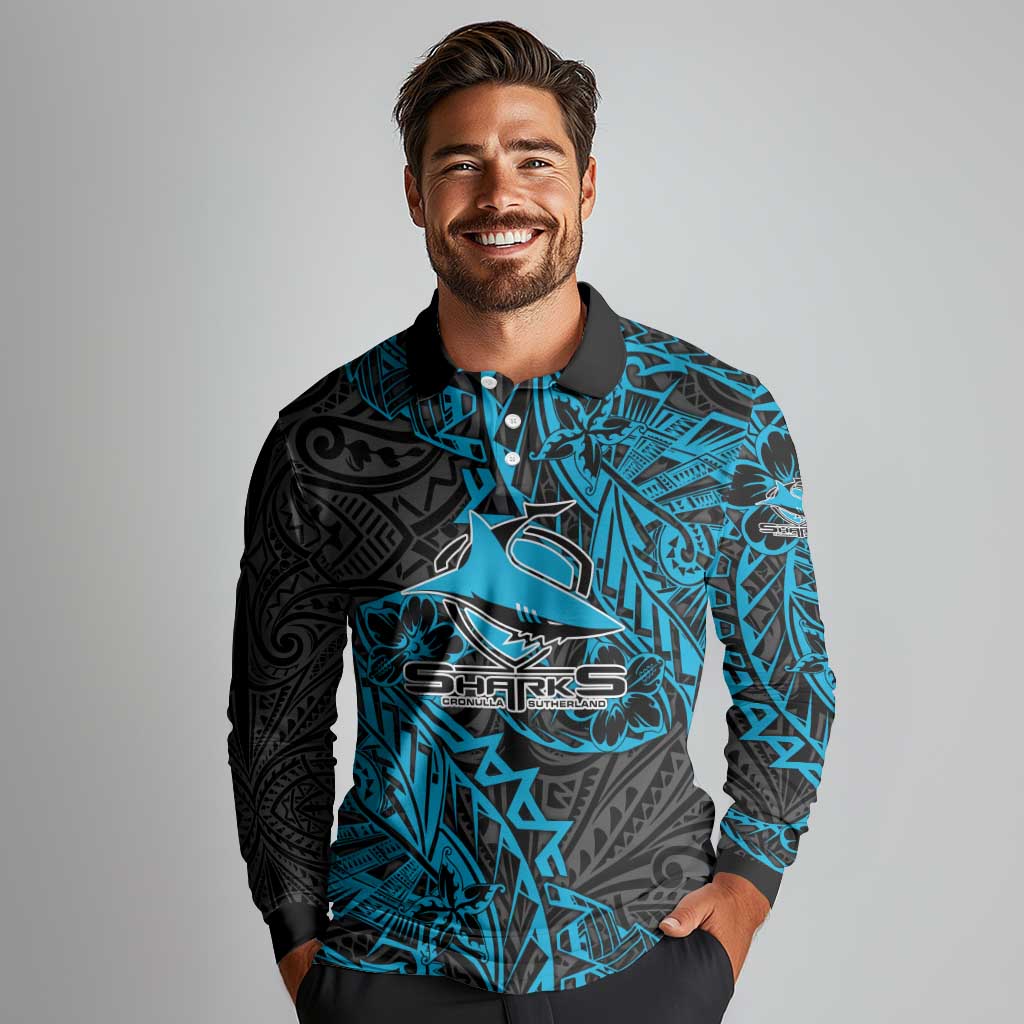 Personalised Cronulla-Sutherland Sharks Long Sleeve Polo Shirt Polynesian Tribal Pattern With Rugby Shark Mascot Art