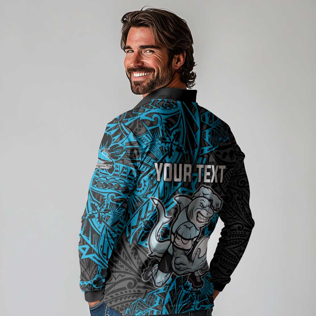 Personalised Cronulla-Sutherland Sharks Long Sleeve Polo Shirt Polynesian Tribal Pattern With Rugby Shark Mascot Art