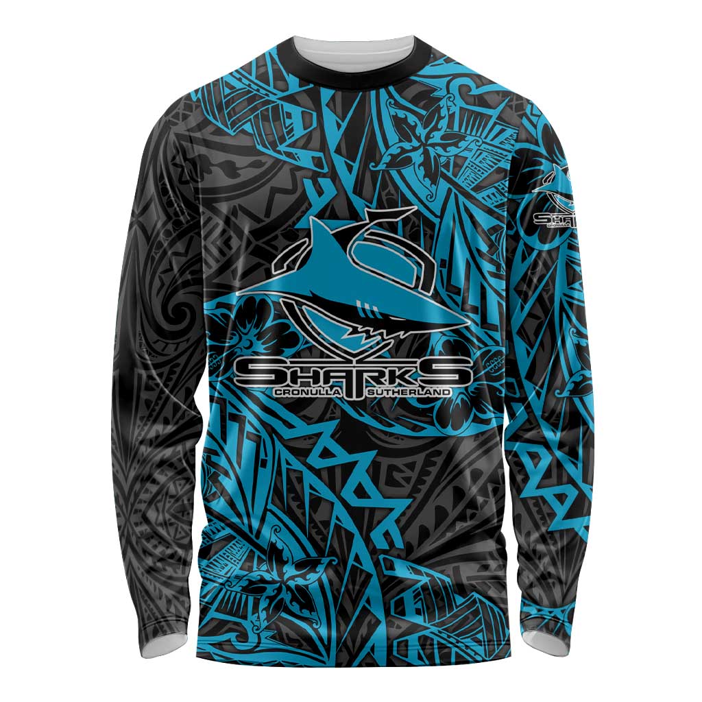 Personalised Cronulla-Sutherland Sharks Long Sleeve Shirt Polynesian Tribal Pattern With Rugby Shark Mascot Art