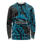 Personalised Cronulla-Sutherland Sharks Long Sleeve Shirt Polynesian Tribal Pattern With Rugby Shark Mascot Art