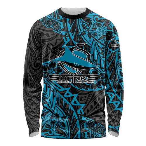 Personalised Cronulla-Sutherland Sharks Long Sleeve Shirt Polynesian Tribal Pattern With Rugby Shark Mascot Art