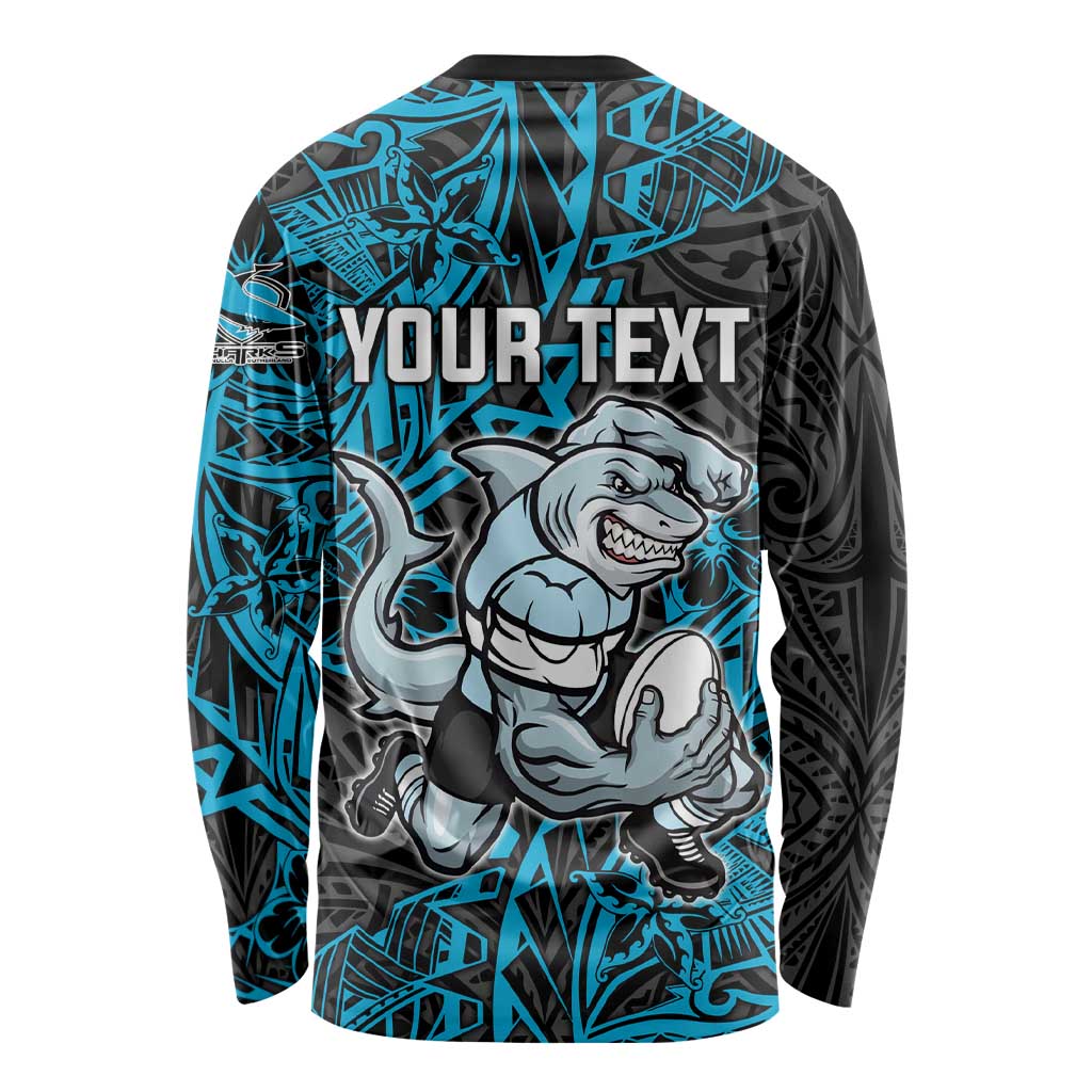 Personalised Cronulla-Sutherland Sharks Long Sleeve Shirt Polynesian Tribal Pattern With Rugby Shark Mascot Art