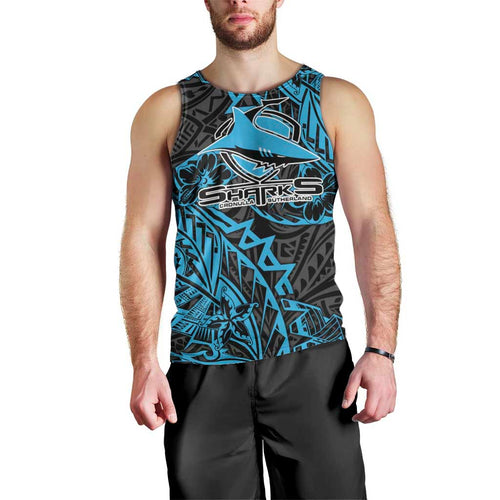 Personalised Cronulla-Sutherland Sharks Men Tank Top Polynesian Tribal Pattern With Rugby Shark Mascot Art