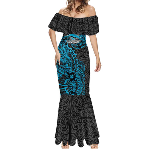 Personalised Cronulla-Sutherland Sharks Mermaid Dress Polynesian Tribal Pattern With Rugby Shark Mascot Art