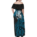 Personalised Cronulla-Sutherland Sharks Off Shoulder Maxi Dress Polynesian Tribal Pattern With Rugby Shark Mascot Art