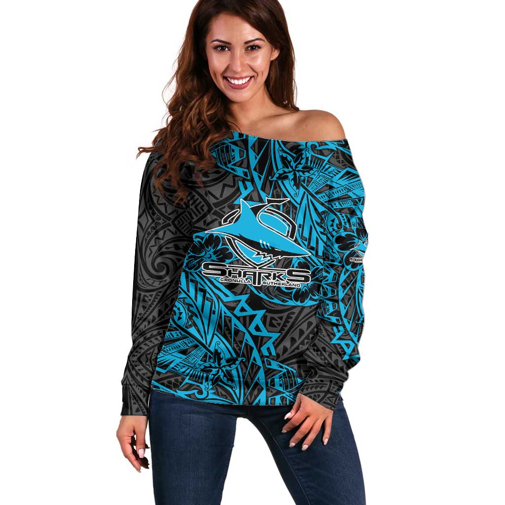 Personalised Cronulla-Sutherland Sharks Off Shoulder Sweater Polynesian Tribal Pattern With Rugby Shark Mascot Art