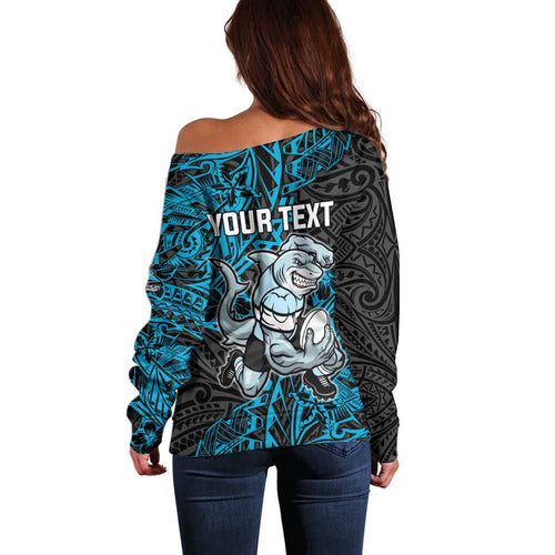Personalised Cronulla-Sutherland Sharks Off Shoulder Sweater Polynesian Tribal Pattern With Rugby Shark Mascot Art