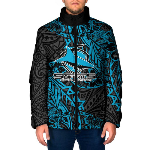 Personalised Cronulla-Sutherland Sharks Padded Jacket Polynesian Tribal Pattern With Rugby Shark Mascot Art