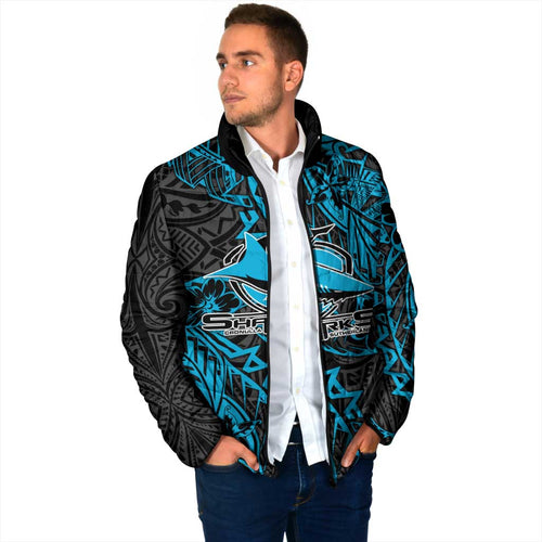 Personalised Cronulla-Sutherland Sharks Padded Jacket Polynesian Tribal Pattern With Rugby Shark Mascot Art