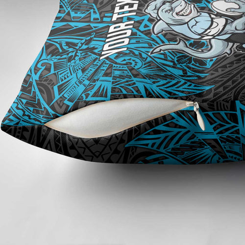 Personalised Cronulla-Sutherland Sharks Pillow Cover Polynesian Tribal Pattern With Rugby Shark Mascot Art