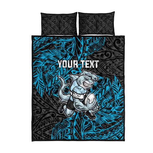 Personalised Cronulla-Sutherland Sharks Quilt Bed Set Polynesian Tribal Pattern With Rugby Shark Mascot Art