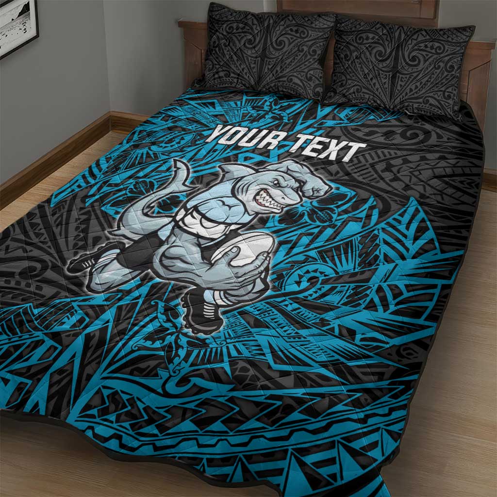 Personalised Cronulla-Sutherland Sharks Quilt Bed Set Polynesian Tribal Pattern With Rugby Shark Mascot Art