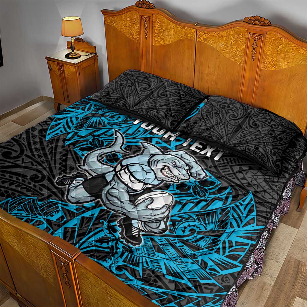 Personalised Cronulla-Sutherland Sharks Quilt Bed Set Polynesian Tribal Pattern With Rugby Shark Mascot Art