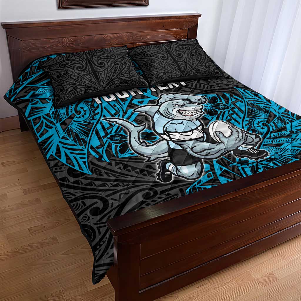 Personalised Cronulla-Sutherland Sharks Quilt Bed Set Polynesian Tribal Pattern With Rugby Shark Mascot Art