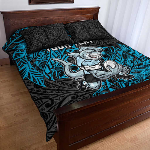Personalised Cronulla-Sutherland Sharks Quilt Bed Set Polynesian Tribal Pattern With Rugby Shark Mascot Art