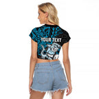 Personalised Cronulla-Sutherland Sharks Raglan Cropped T Shirt Polynesian Tribal Pattern With Rugby Shark Mascot Art