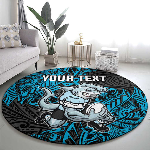Personalised Cronulla-Sutherland Sharks Round Carpet Polynesian Tribal Pattern With Rugby Shark Mascot Art