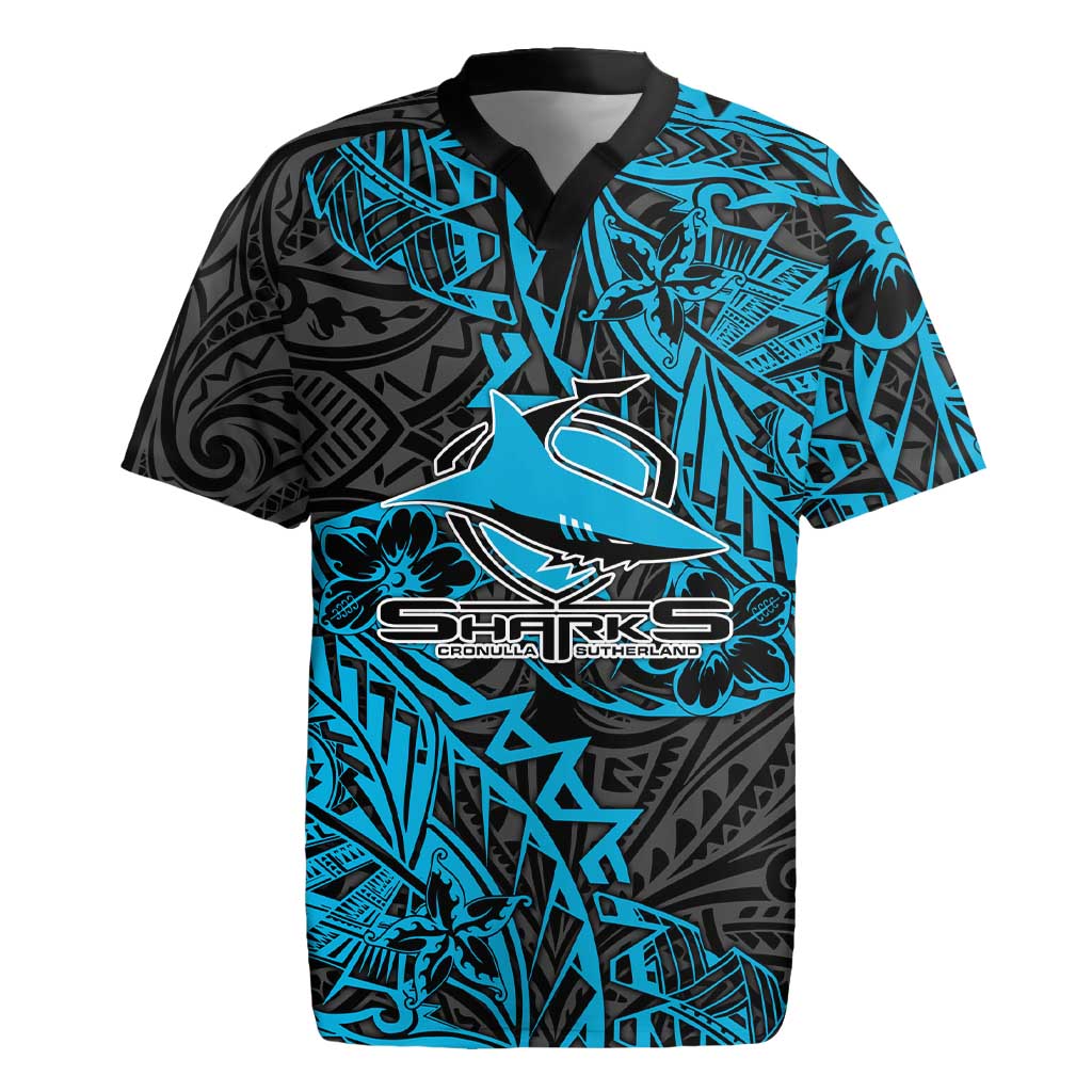 Personalised Cronulla-Sutherland Sharks Rugby Jersey Polynesian Tribal Pattern With Rugby Shark Mascot Art