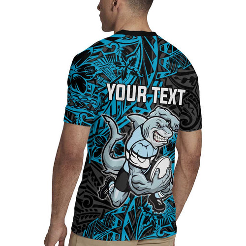 Personalised Cronulla-Sutherland Sharks Rugby Jersey Polynesian Tribal Pattern With Rugby Shark Mascot Art