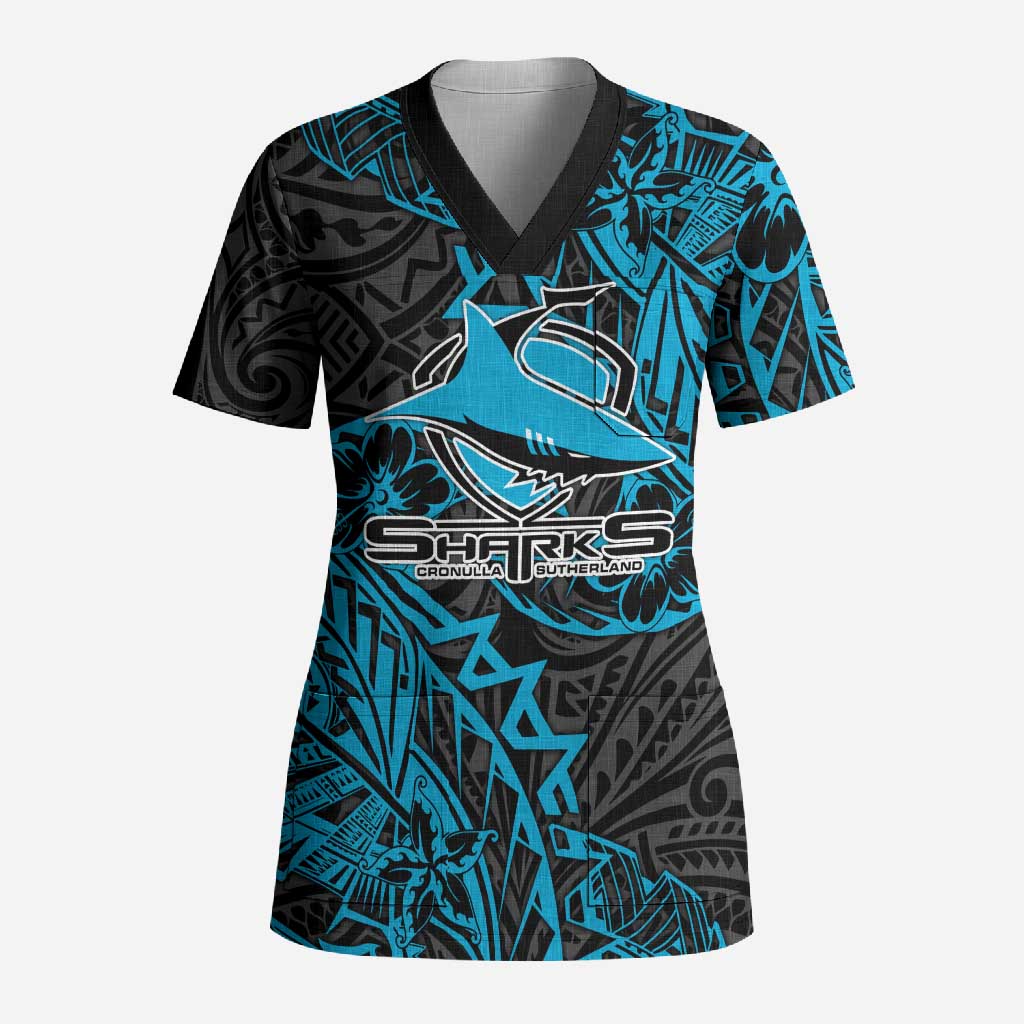 Personalised Cronulla-Sutherland Sharks Scrub Top Polynesian Tribal Pattern With Rugby Shark Mascot Art