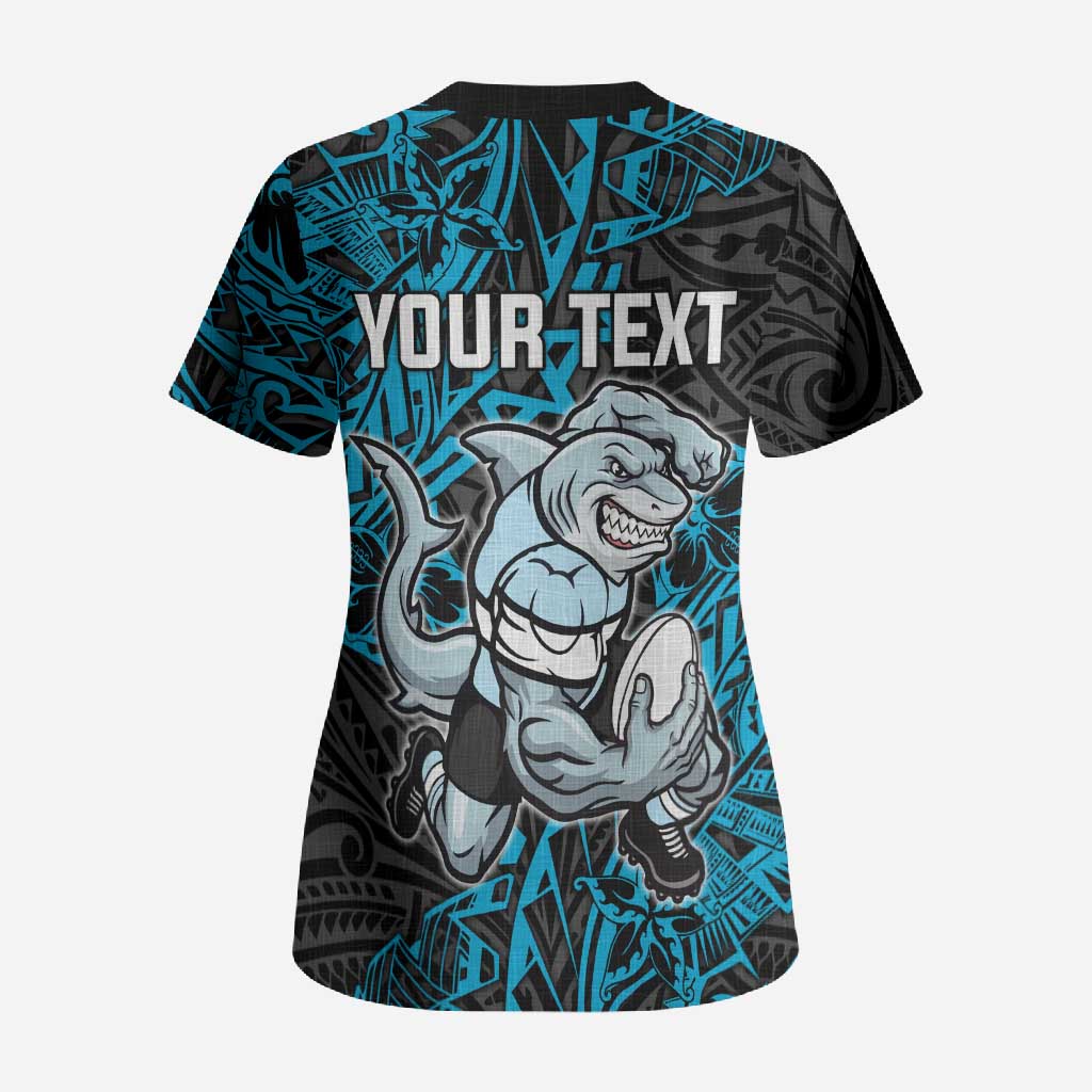Personalised Cronulla-Sutherland Sharks Scrub Top Polynesian Tribal Pattern With Rugby Shark Mascot Art