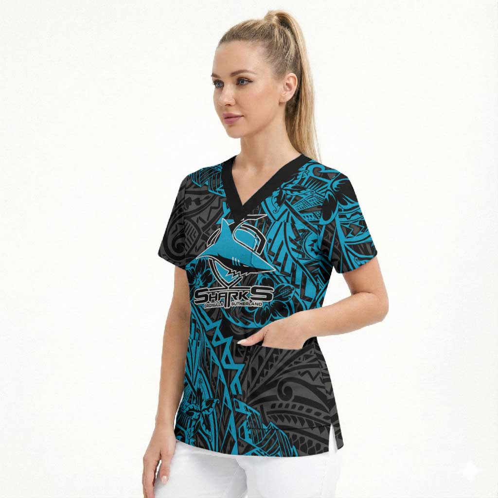Personalised Cronulla-Sutherland Sharks Scrub Top Polynesian Tribal Pattern With Rugby Shark Mascot Art