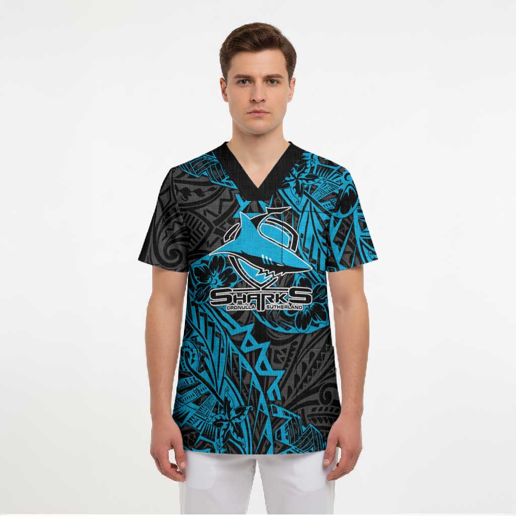 Personalised Cronulla-Sutherland Sharks Scrub Top Polynesian Tribal Pattern With Rugby Shark Mascot Art