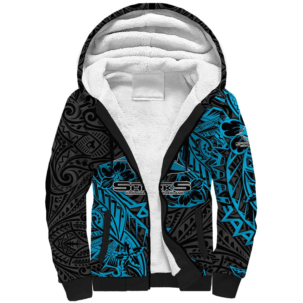 Personalised Cronulla-Sutherland Sharks Sherpa Hoodie Polynesian Tribal Pattern With Rugby Shark Mascot Art