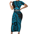 Personalised Cronulla-Sutherland Sharks Short Sleeve Bodycon Dress Polynesian Tribal Pattern With Rugby Shark Mascot Art