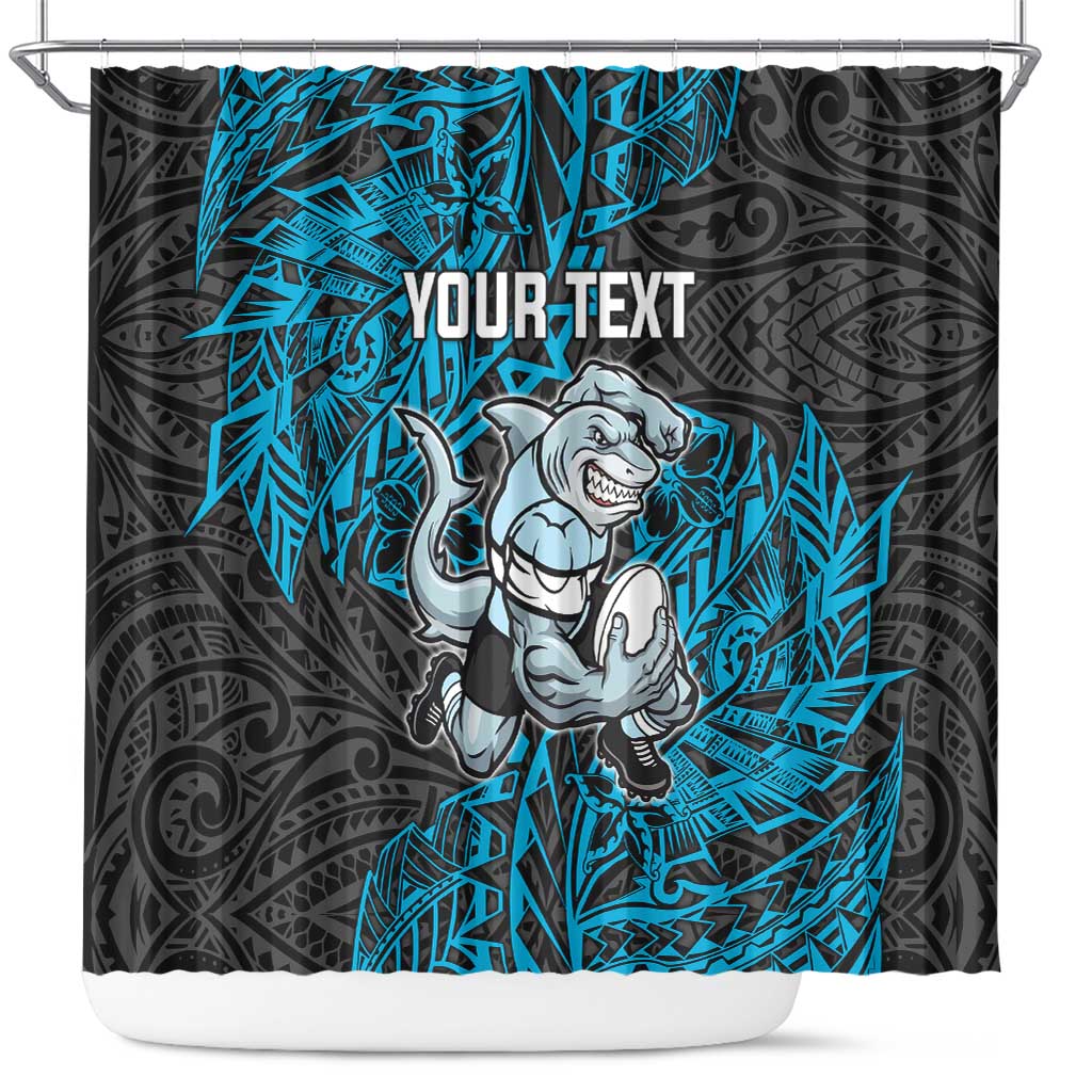 Personalised Cronulla-Sutherland Sharks Shower Curtain Polynesian Tribal Pattern With Rugby Shark Mascot Art