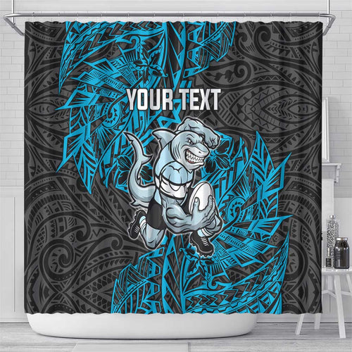 Personalised Cronulla-Sutherland Sharks Shower Curtain Polynesian Tribal Pattern With Rugby Shark Mascot Art