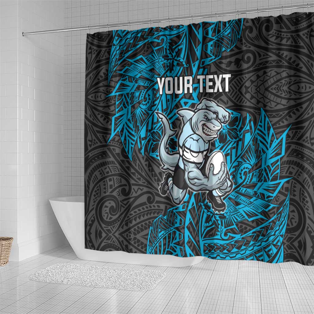 Personalised Cronulla-Sutherland Sharks Shower Curtain Polynesian Tribal Pattern With Rugby Shark Mascot Art
