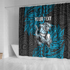 Personalised Cronulla-Sutherland Sharks Shower Curtain Polynesian Tribal Pattern With Rugby Shark Mascot Art