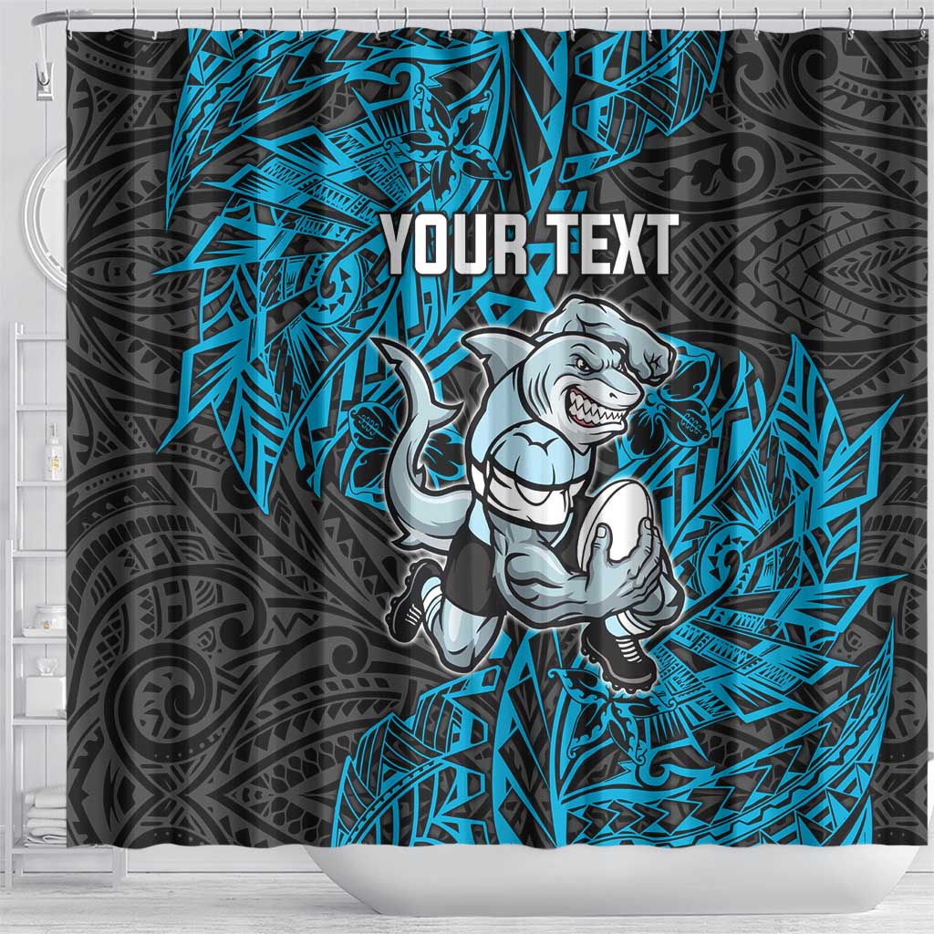 Personalised Cronulla-Sutherland Sharks Shower Curtain Polynesian Tribal Pattern With Rugby Shark Mascot Art
