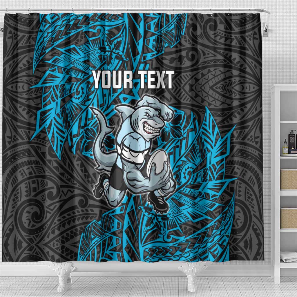 Personalised Cronulla-Sutherland Sharks Shower Curtain Polynesian Tribal Pattern With Rugby Shark Mascot Art