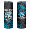 Personalised Cronulla-Sutherland Sharks Skinny Tumbler Polynesian Tribal Pattern With Rugby Shark Mascot Art