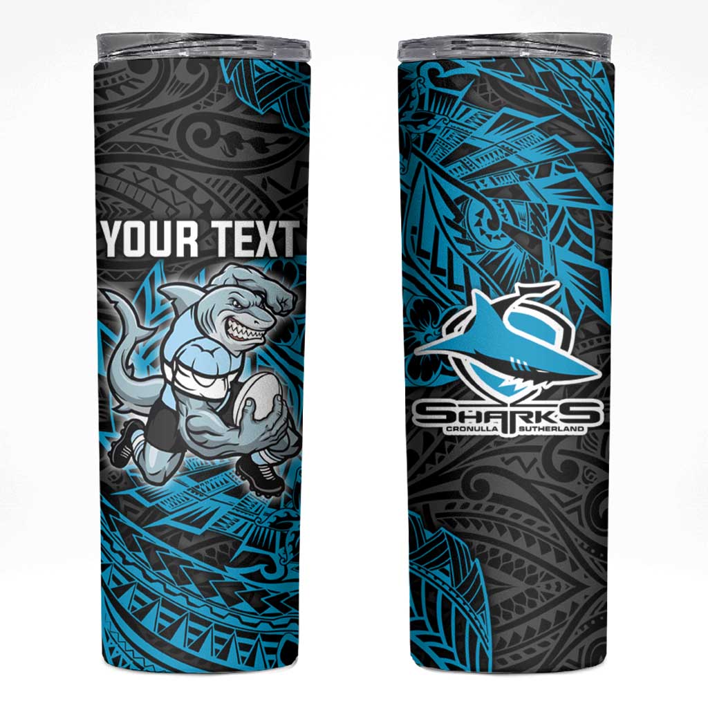 Personalised Cronulla-Sutherland Sharks Skinny Tumbler Polynesian Tribal Pattern With Rugby Shark Mascot Art