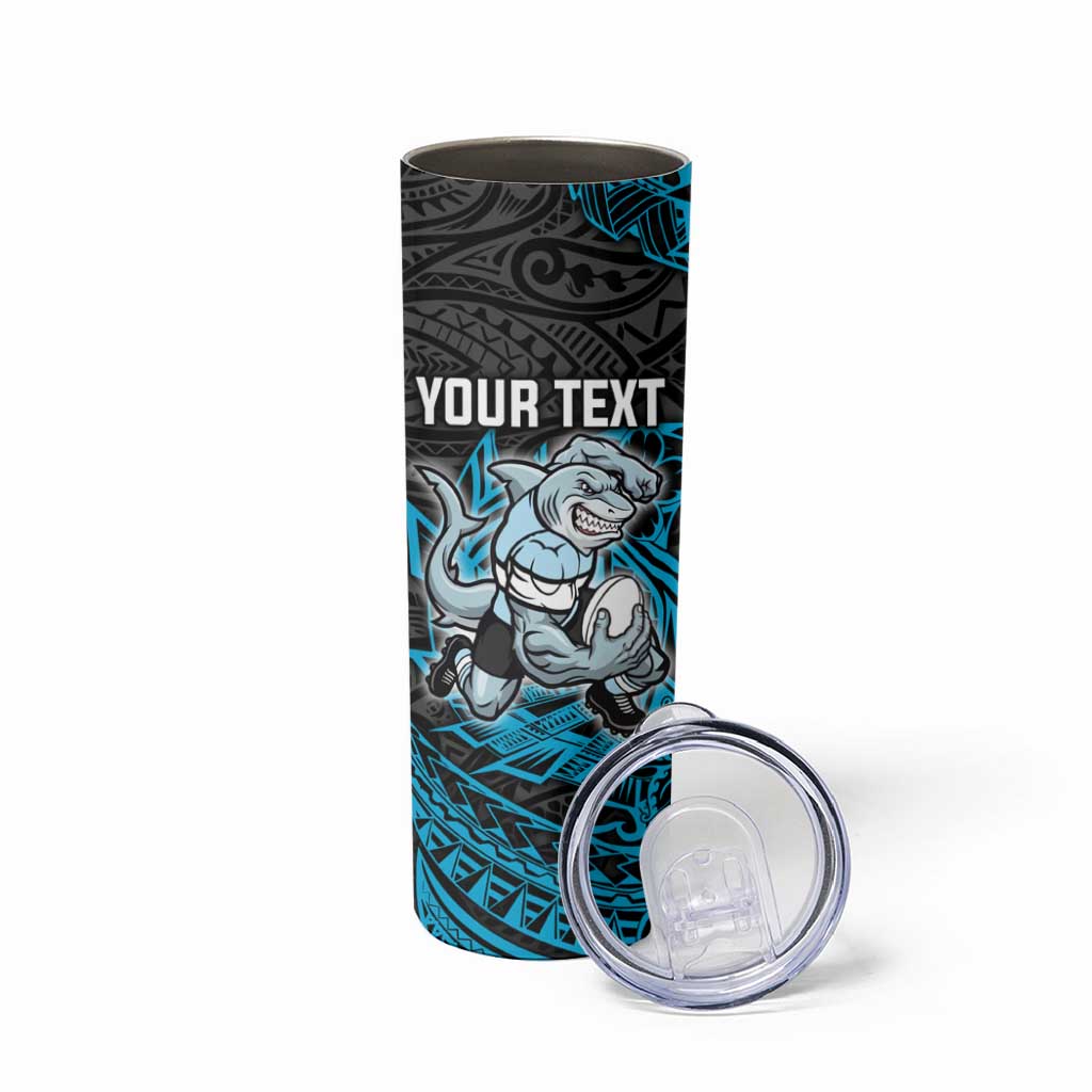 Personalised Cronulla-Sutherland Sharks Skinny Tumbler Polynesian Tribal Pattern With Rugby Shark Mascot Art