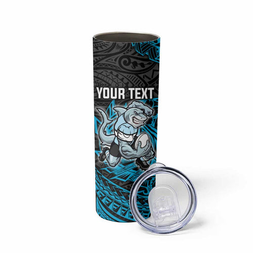 Personalised Cronulla-Sutherland Sharks Skinny Tumbler Polynesian Tribal Pattern With Rugby Shark Mascot Art